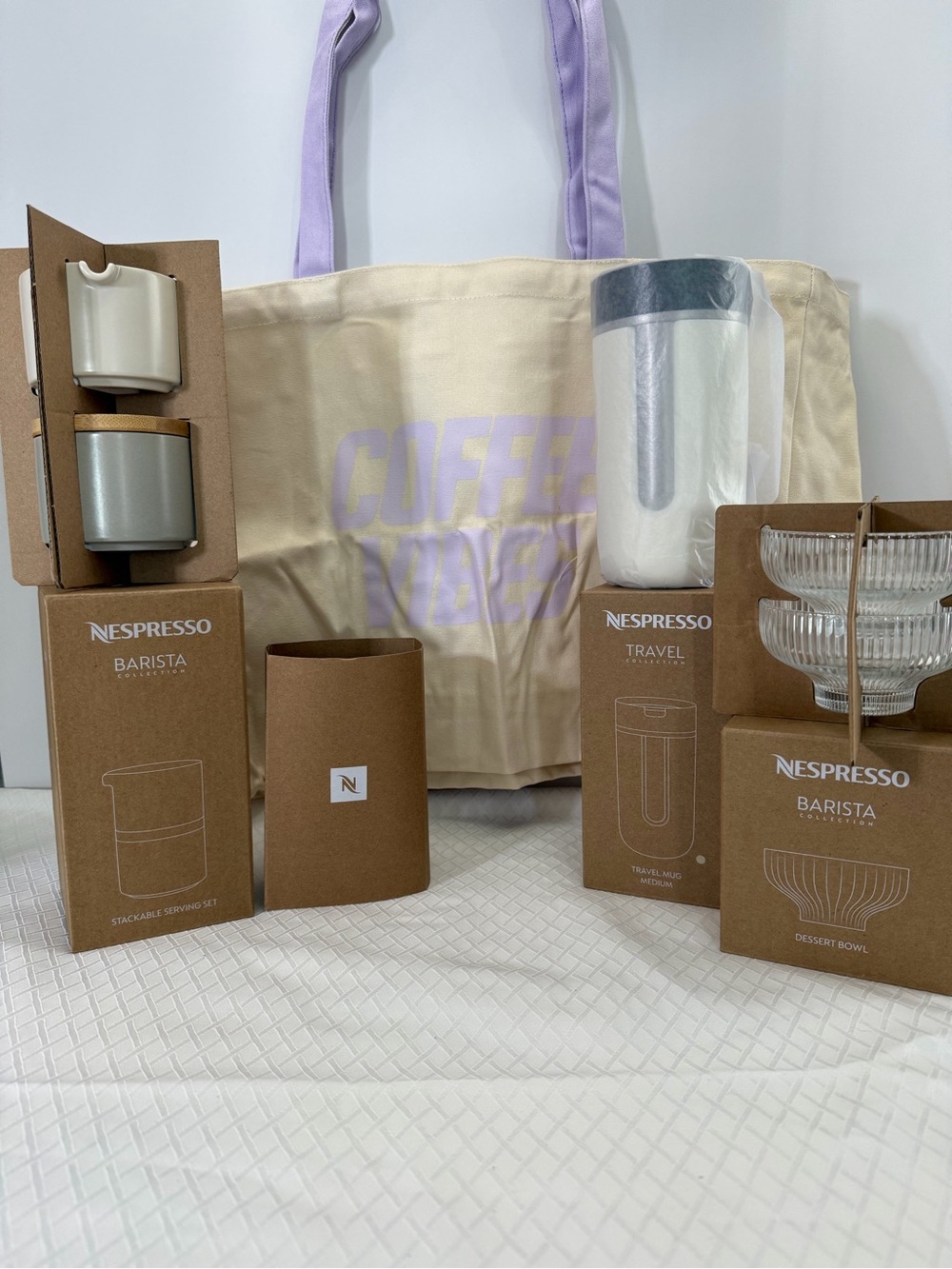 Nespresso Bundle  lavender Tote bag + Mug/Affogato bowls/serving set
